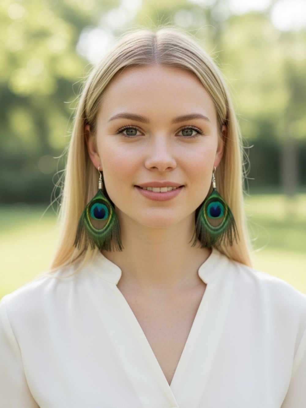 Peacock Feather Drop Earrings - Green